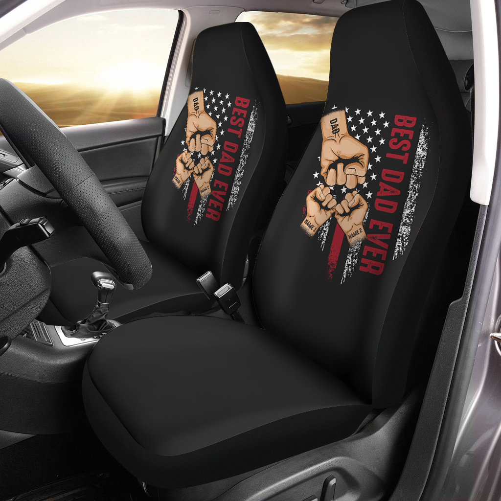 Personalized Best Dad Ever Car Seat Covers, Fist Bump Father's Day, Dad Hand Fist Bump, Custom For Your Cars, Car Bucket Seat Protection Airbag Compatible 2 PCS, Car Accessories, Happy Father's Day - Delicate Leather