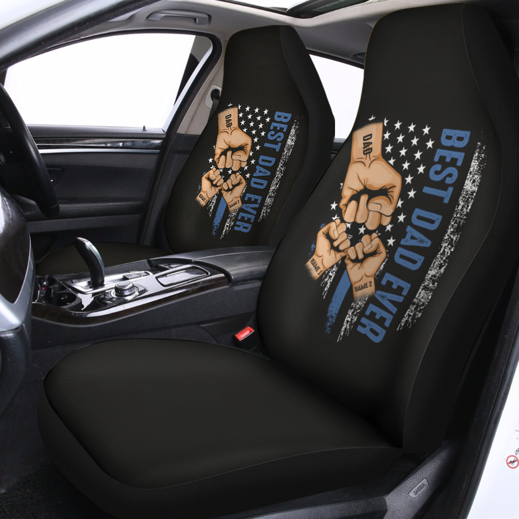 Personalized Best Dad Ever Car Seat Covers, Fist Bump Father's Day, Dad Hand Fist Bump, Custom For Your Cars, Car Bucket Seat Protection Airbag Compatible 2 PCS, Car Accessories, Happy Father's Day - Delicate Leather