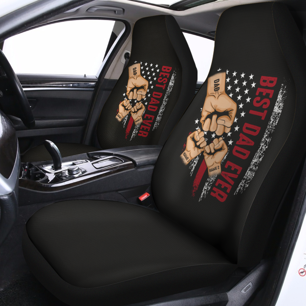 Personalized Best Dad Ever Car Seat Covers, Fist Bump Father's Day, Dad Hand Fist Bump, Custom For Your Cars, Car Bucket Seat Protection Airbag Compatible 2 PCS, Car Accessories, Happy Father's Day - Delicate Leather