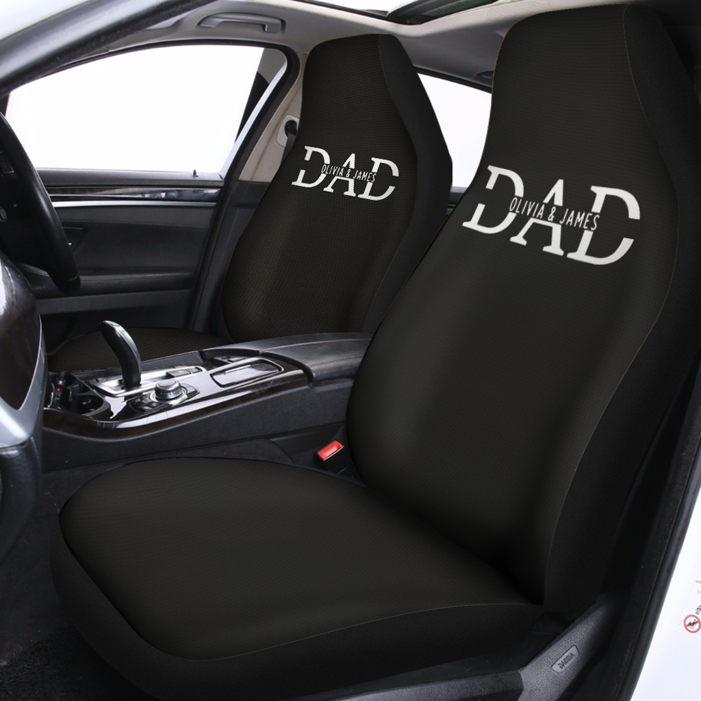 Custom Dad with Kid Names Car Seat Covers, Personalized Dad Car Seat Covers, Custom For Your Cars, Car Bucket Seat Protection Airbag Compatible 2 PCS, Car Accessories, Happy Father's Day, Father's Day Gift - Delicate Leather