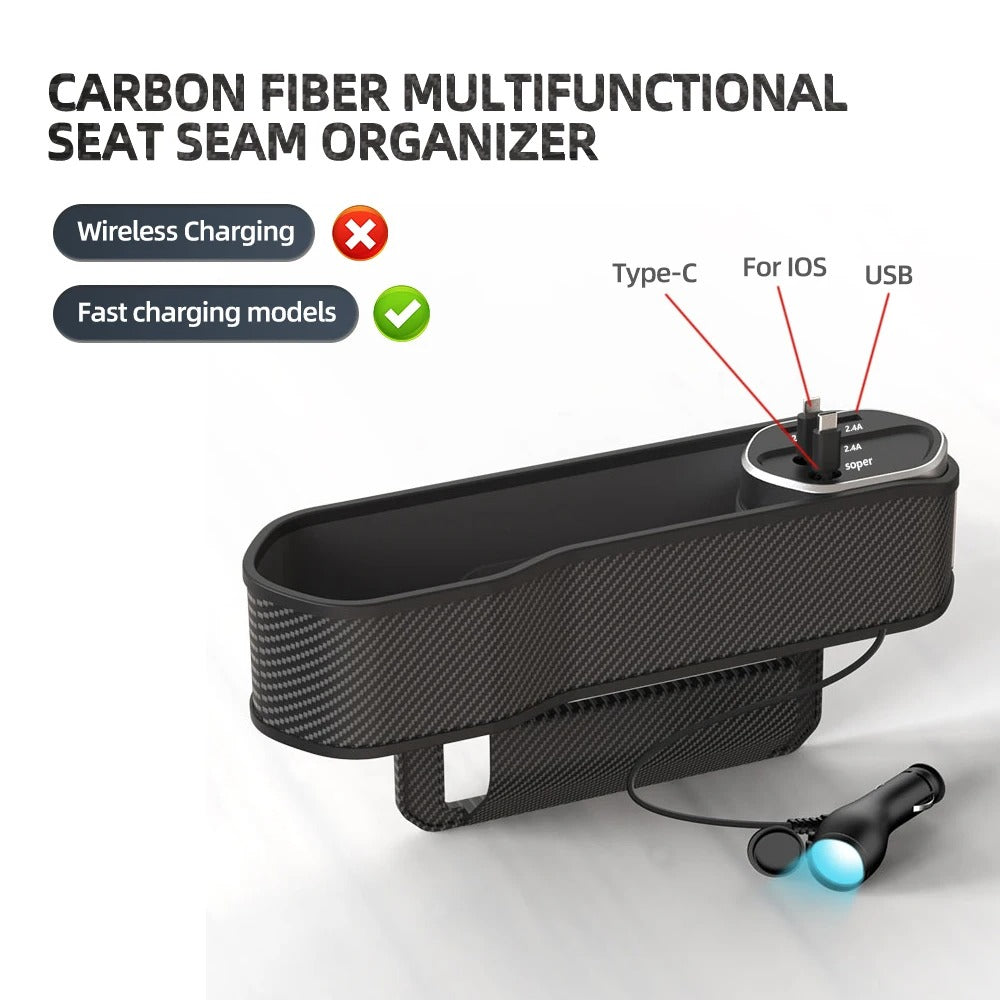 Car Seat Gap Filler Organizer with Cup Holder and Wireless Charging - Delicate Leather