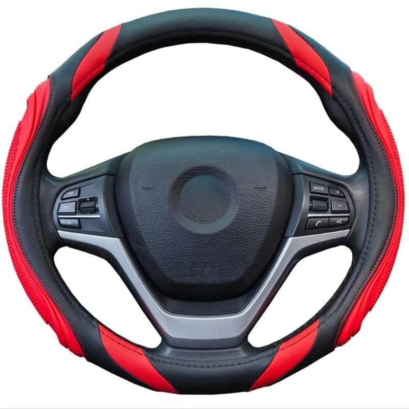Spliced Leather Steering Wheel Cover – Concave-Convex Massage Design, Non-Slip Universal Fit 38 cm, All-Season Car Interior Accessory - Delicate Leather