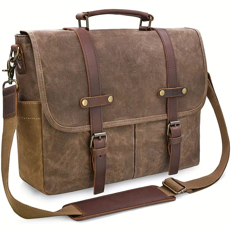 15.6-Inch Rugged Leather Messenger Bag – Vintage Waterproof Genuine Leather & Waxed Canvas Briefcase, Large Capacity Office & School Carrying Case with Shoulder Strap, Brown - Delicate Leather