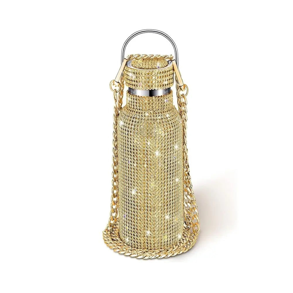 Bling Rhinestone Stainless Steel Water Bottle – Glitter Tumbler with Chain Strap & Thermal Insulation - Delicate Leather