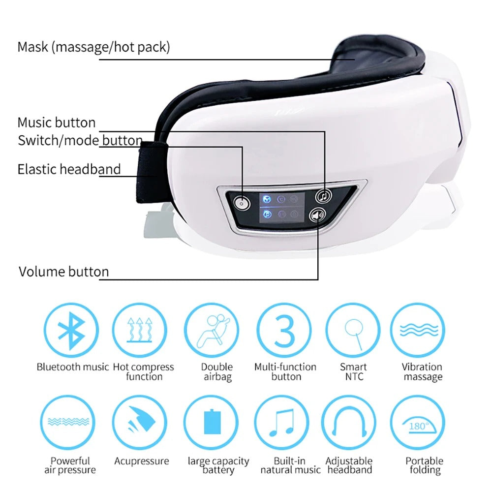6D Smart Eye Massager with Heat & Air Compression – Bluetooth Music, Sleep Mask, Anti-Fatigue Eye Care - Delicate Leather