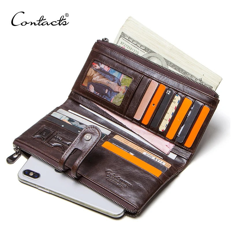 Men’s Long Clutch Wallet – Genuine Cowhide Leather with Card Holder & Zipper Coin Pocket - Delicate Leather