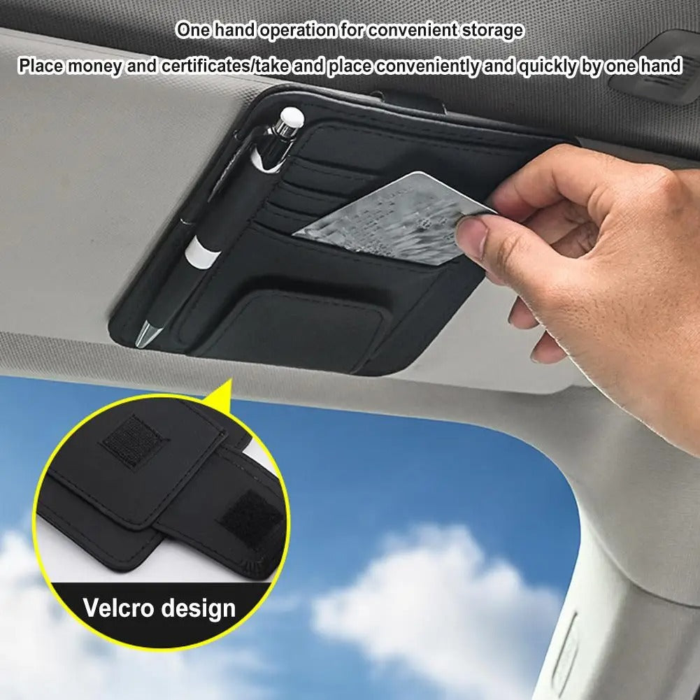 Car Sun Visor Organizer - Multi-Pocket Business Card Storage Management - Sunglasses Holder Visor Accessories for Auto Interior - Delicate Leather