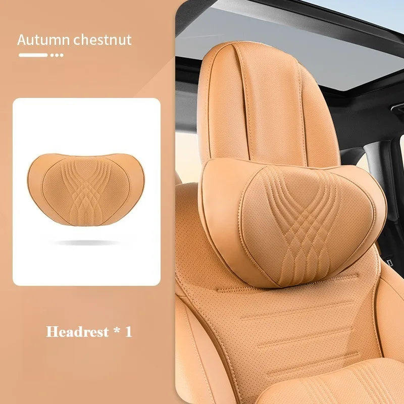 Nappa Leather Car Neck Pillow and Seat Pillow - Soft Headrest Lumbar Support for Comfortable Driving - Auto Accessories - Delicate Leather