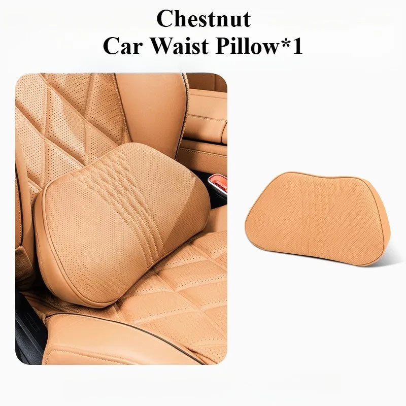 Soft Memory Foam Car Neck & Lumbar Pillow Set – Leather Headrest for Comfortable Driving - Delicate Leather