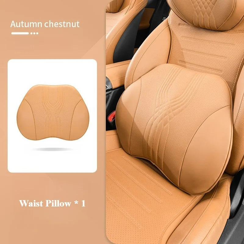 Nappa Leather Car Neck Pillow and Seat Pillow - Soft Headrest Lumbar Support for Comfortable Driving - Auto Accessories - Delicate Leather