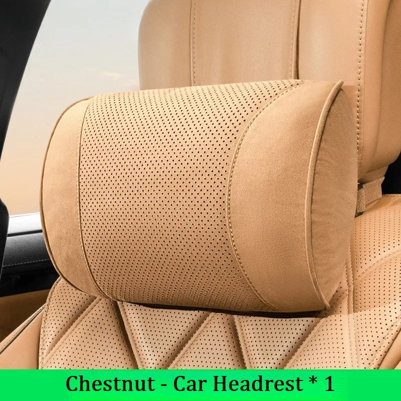 Suede Car Neck Pillow & Lumbar Cushion Set – Universal Fit Soft Headrest and Waist Support for Comfortable Driving - Delicate Leather