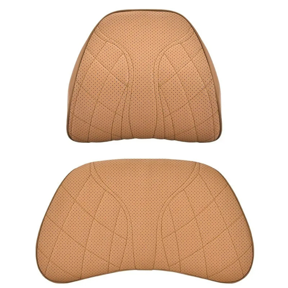 Memory Foam Car Neck & Lumbar Pillow Set – Nappa Leather Headrest and Waist Support - Delicate Leather