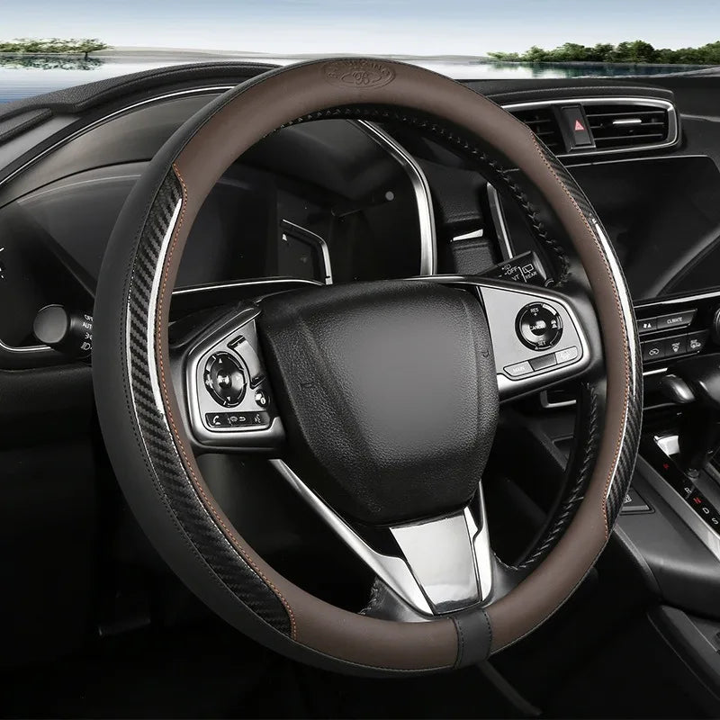 Carbon Fiber Leather Car Steering Wheel Cover – 38CM Universal Fit, Non-Slip Nappa Leather Grip, Breathable & Durable Interior Accessory - Delicate Leather