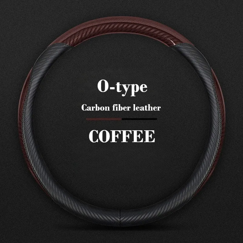 Universal Leather Steering Wheel Cover with Carbon Fiber Style – Non-Slip O/D Type, 14.5–15 Inch - Delicate Leather