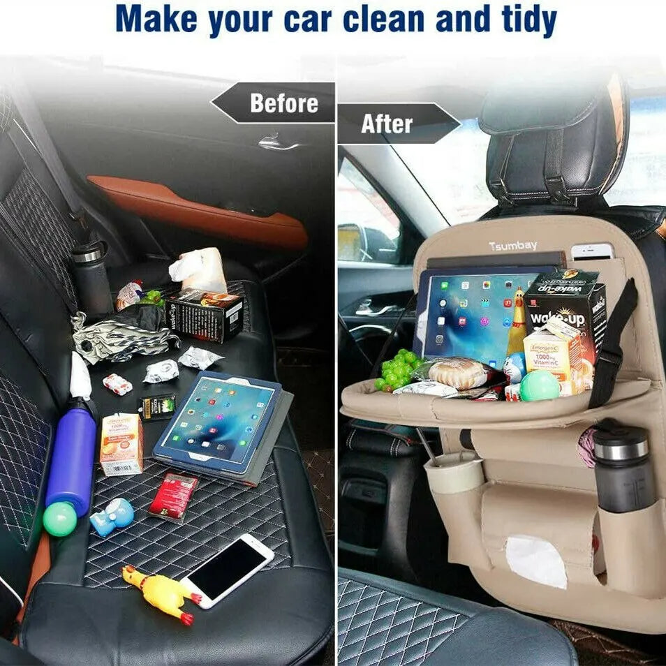 Backseat Organizer With Tablet Holder PU Leather, Custom Fit For Your Cars, Backseat Car Organizer, Car Seat Back Protectors Kick With Foldable Table Tray Car Seat Organizer, Car Accessories (SP4)