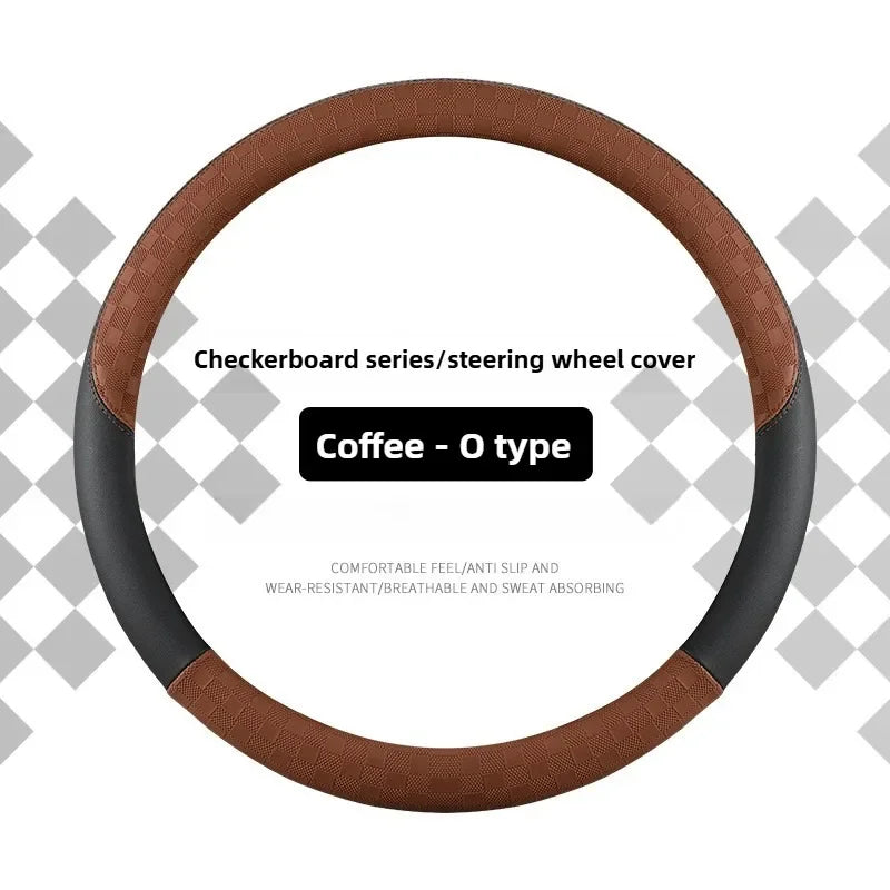 Microfiber Leather Steering Wheel Cover – 15-Inch Universal Fit, Anti-Slip Rubber Grip, Checkered Flag Design, All-Season Comfort - Delicate Leather