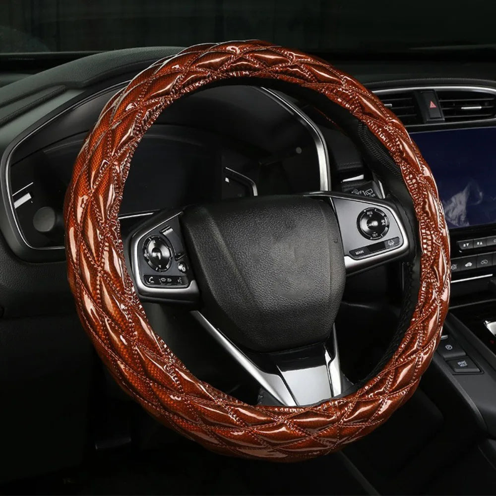 Universal 38cm Steering Wheel Cover – Anti-Slip 3D Rhombus PU Leather Wheel Protector, All-Season Car Interior Accessory - Delicate Leather