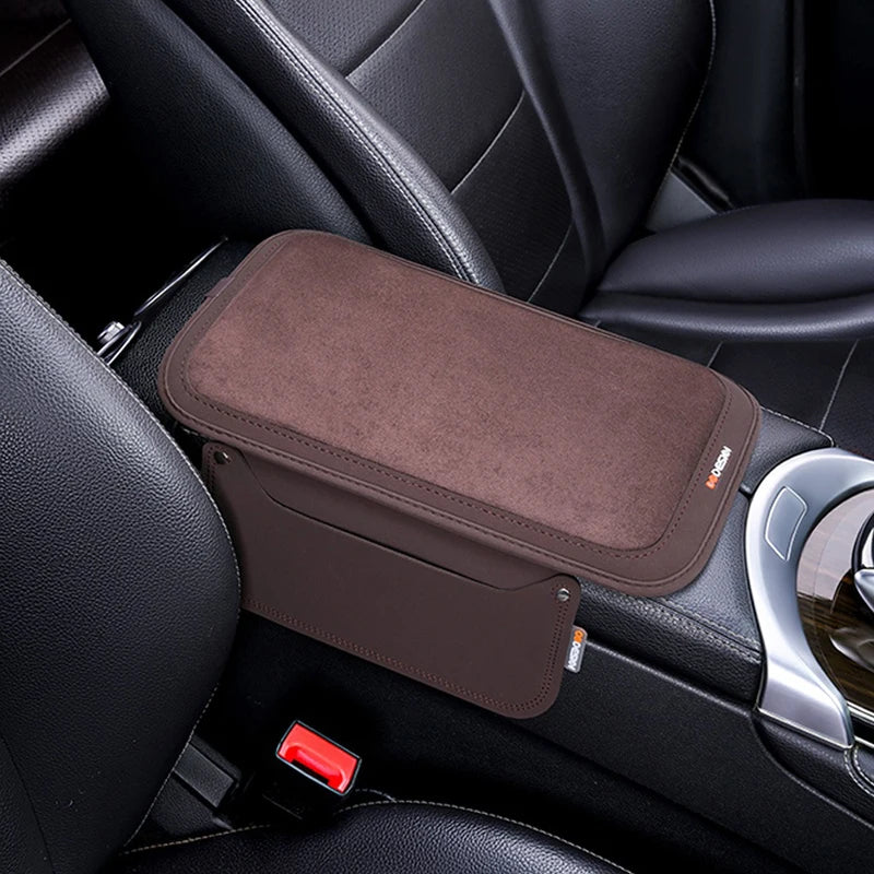 Leather Suede Car Armrest Cushion Cover – Soft Center Console Armrest Pad with Storage Pocket - Delicate Leather