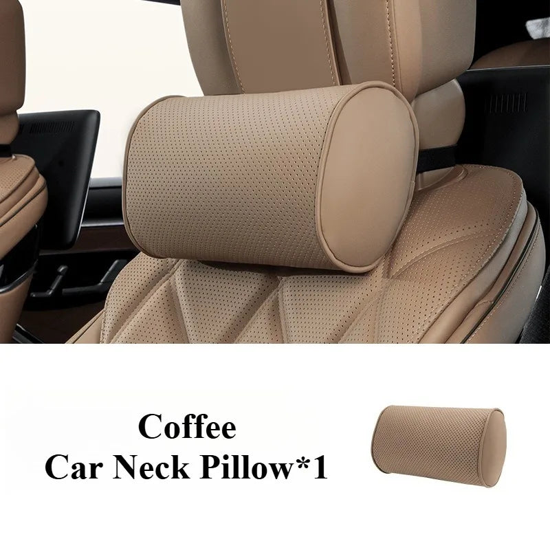 Memory Cotton Car Headrest & Lumbar Pillow Set – Leather Neck and Waist Support for Comfortable Driving - Delicate Leather