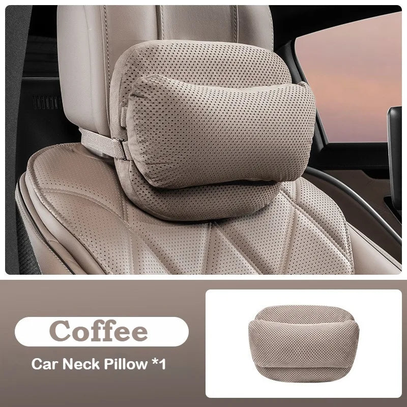 Suede Car Headrest Pillow & Lumbar Cushion – Luxury Nappa Leather Neck & Waist Pillow, Memory Foam Seat Accessories, Universal All Seasons - Delicate Leather