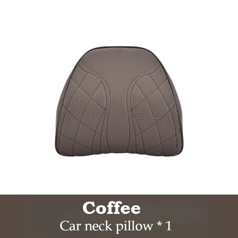 Memory Foam Car Neck & Lumbar Pillow Set – Nappa Leather Headrest and Waist Support - Delicate Leather