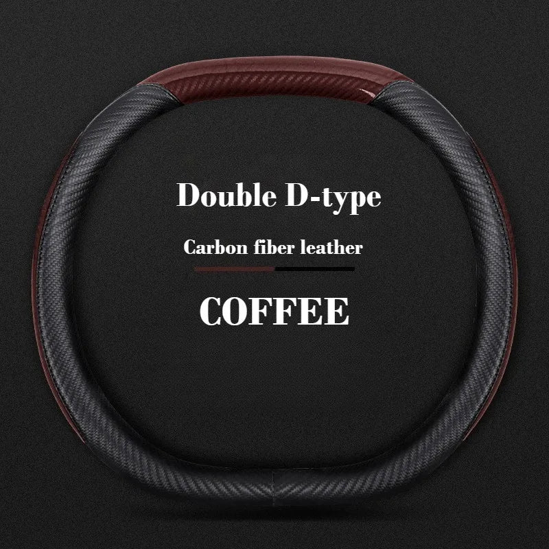 Universal Leather Steering Wheel Cover with Carbon Fiber Style – Non-Slip O/D Type, 14.5–15 Inch - Delicate Leather