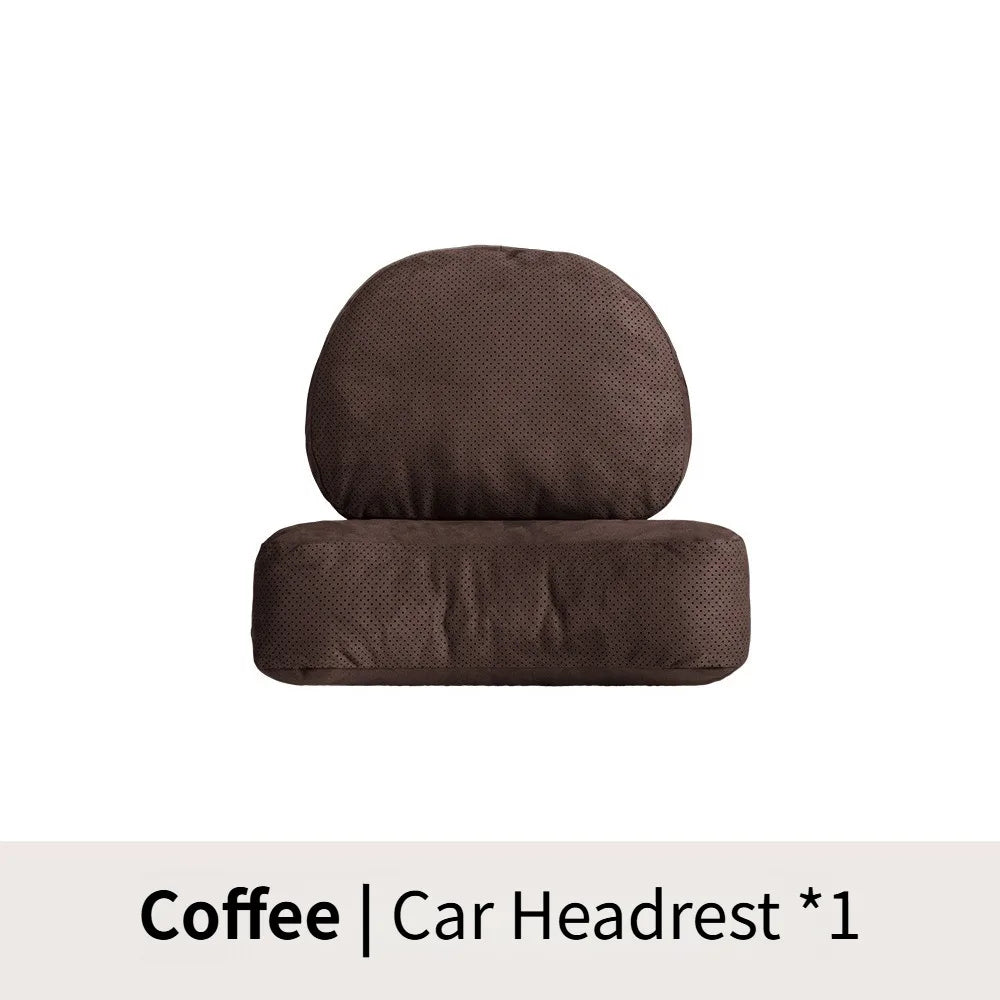 Suede Car Headrest and Lumbar Pillow Set – Universal Neck and Waist Support Cushions for Car Seats - Delicate Leather