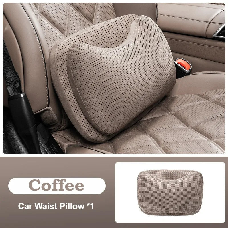 Suede Car Headrest Pillow & Lumbar Cushion – Luxury Nappa Leather Neck & Waist Pillow, Memory Foam Seat Accessories, Universal All Seasons - Delicate Leather