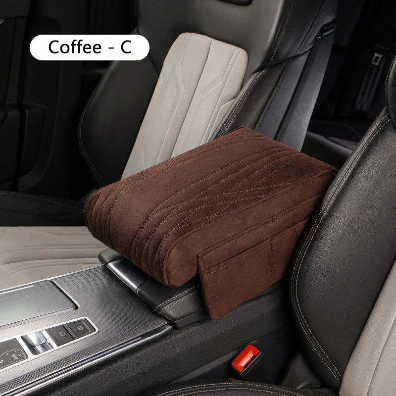 Suede Car Armrest Cushion with Cup Holder – Memory Foam Center Console Pad, Universal Fit, Enhanced Elbow Support - Delicate Leather