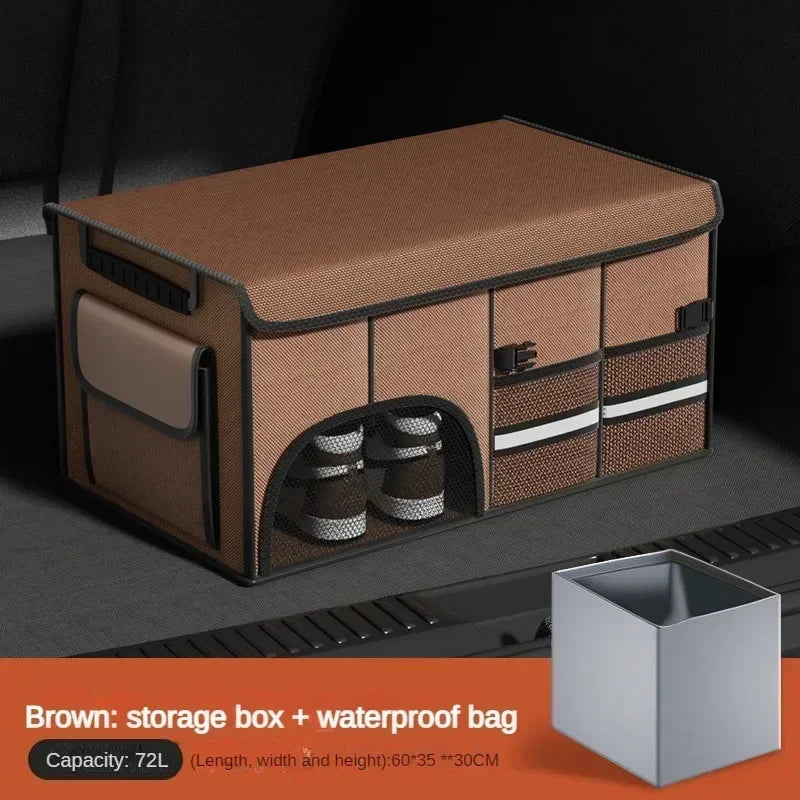 Foldable Car Trunk Storage Box – Multi-Compartment 72 L Organizer Bag with Anti-Slip Base, Waterproof Oxford Fabric Cargo Organizer - Delicate Leather