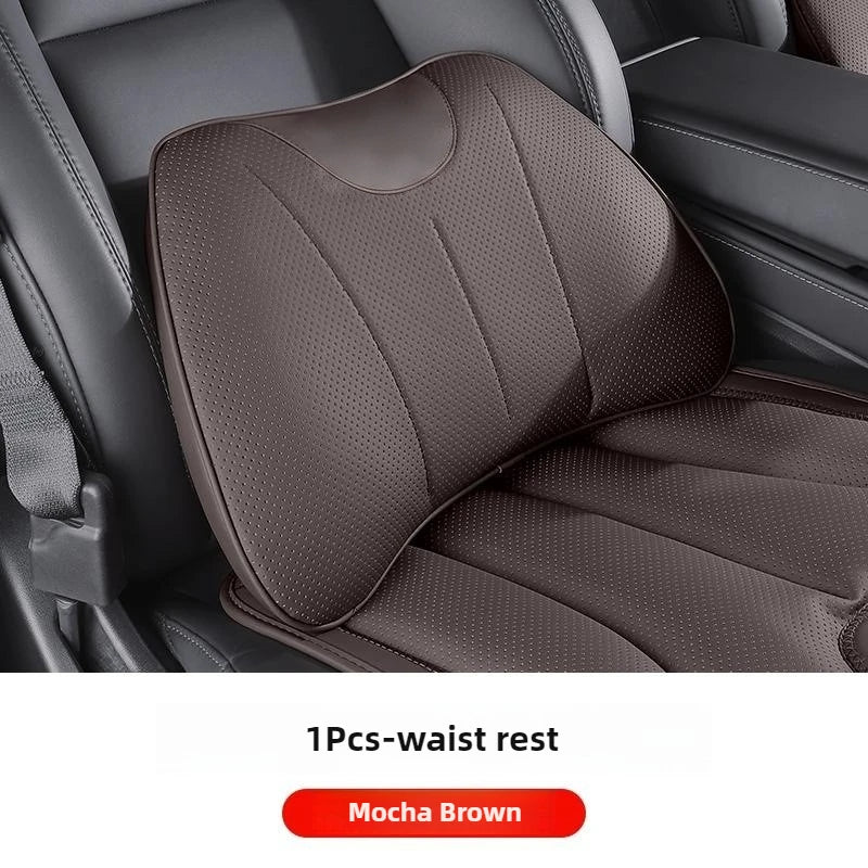 Car Neck Pillow & Lumbar Support – Universal Memory Foam Cushion with Nappa Leather Cover, Ergonomic Vehicle Back Support - Delicate Leather