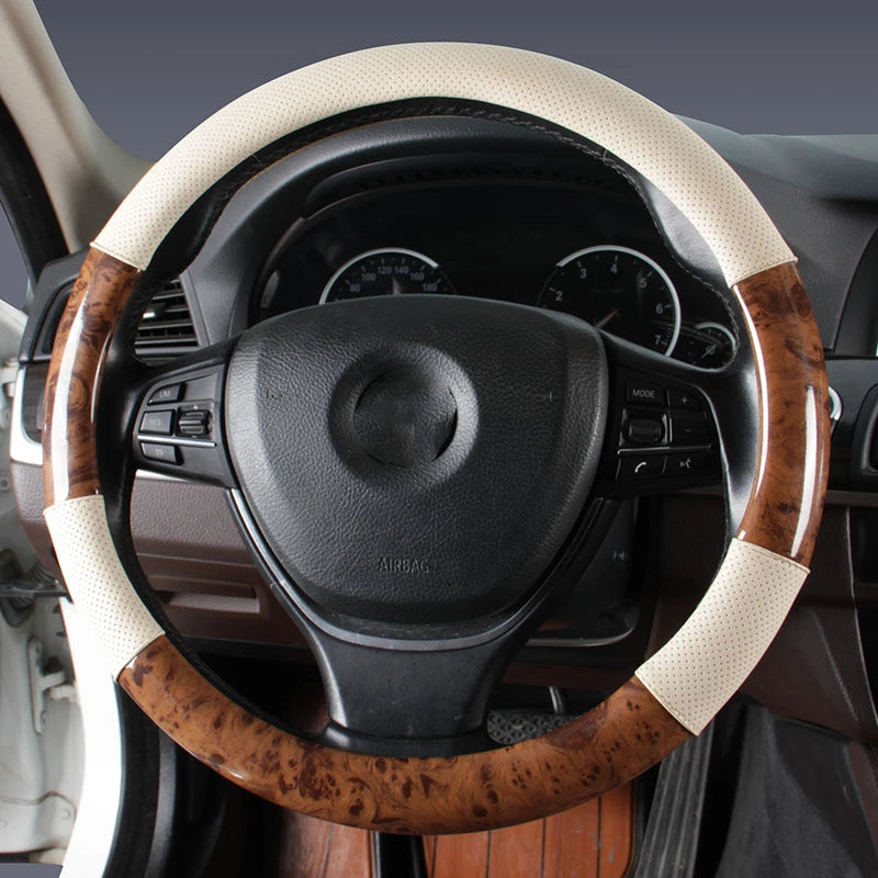 Wood Grain Steering Wheel Cover – 38cm, Anti-Slip, Durable, Fashionable Car Interior Accessory - Delicate Leather