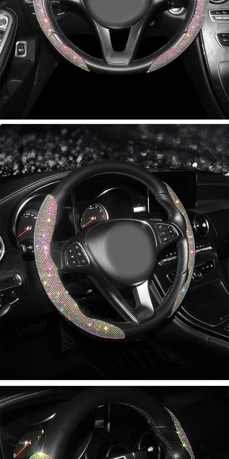 Diamond Car Steering Wheel Cover Set | Breathable, Anti-Slip Bling Protector for Girls & Women - Universal Fit, Gift For Mother's Day 2025 - Delicate Leather