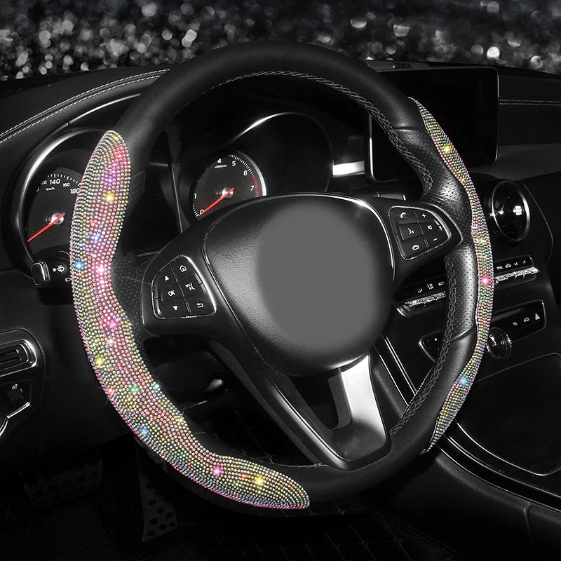 Bling Bling Diamond Steering Wheel Cover Universal Leather Sparkly Wheel Protector Anti-Slip Cover Car Accessories for Women - Delicate Leather