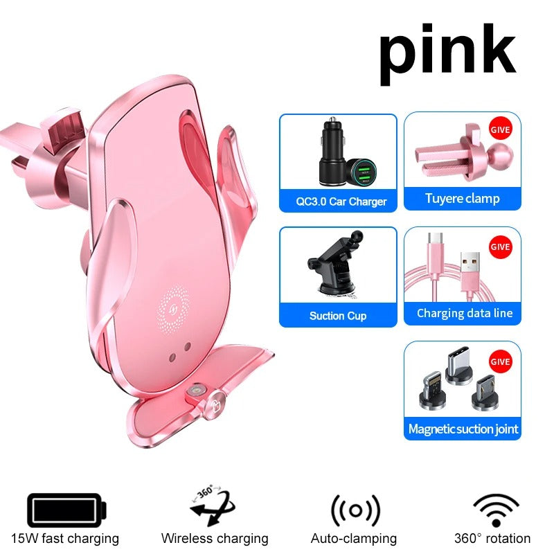 Universal Car Cell Phone Holder Bracket 15W Wireless Charging Handsfree Phone Holder for Dashboard, Windshield, Vent - Delicate Leather