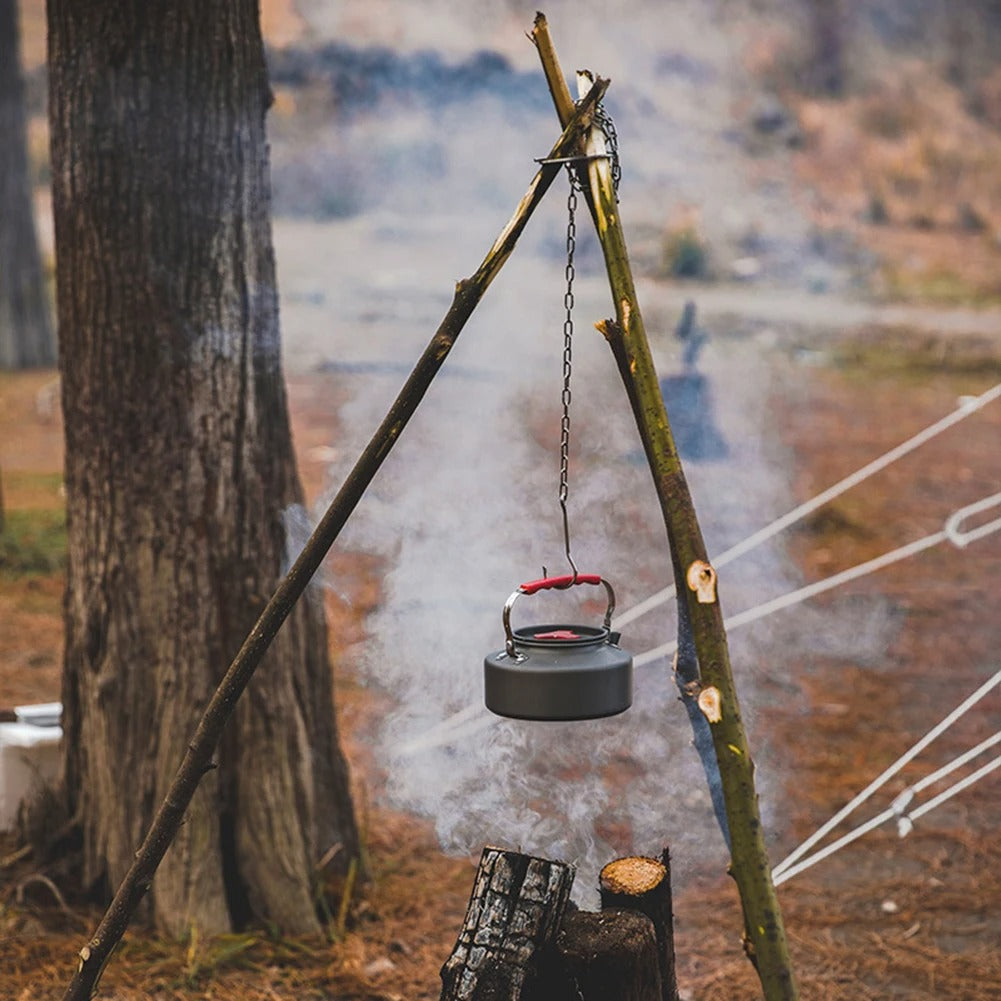 Cooking Pot Pan Tripod Mount - Stainless Steel Camping Tripod Hanging Pot Bracket with Leather Storage Bag for Hiking Bushcraft - Delicate Leather