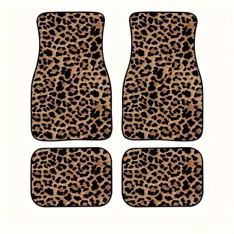 Universal Leopard Print Car Floor Mats 4-Piece Set – Non-Slip, Absorbent, Washable Polyester Fiber Mats for Cars & SUVs - Delicate Leather