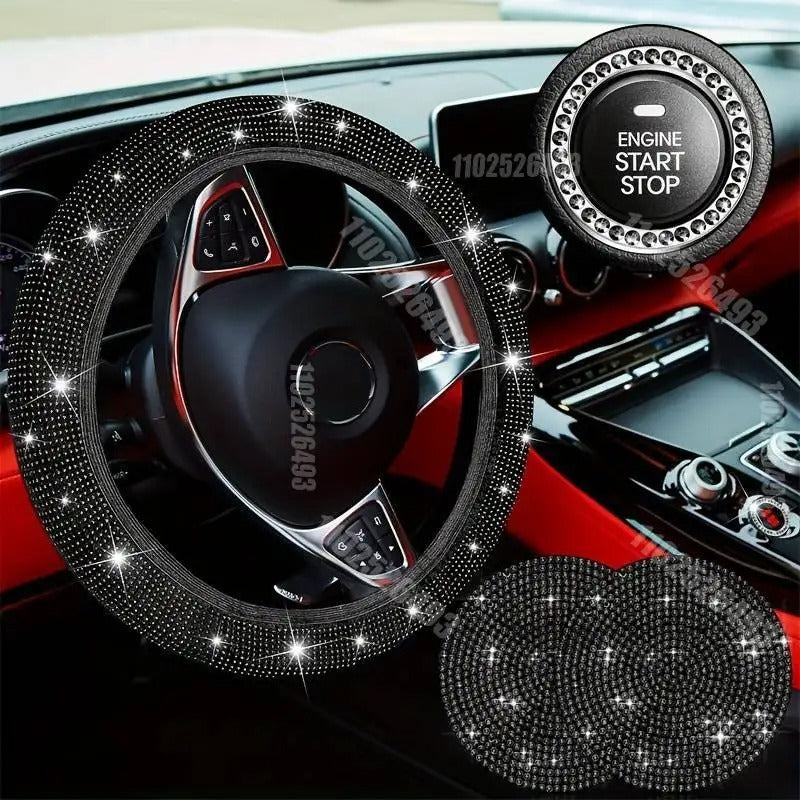 27-Piece Women’s Bling Car Accessories Set – Universal Fit with Steering Wheel Cover, License Plate Frame, Gift For Mother's Day 2025