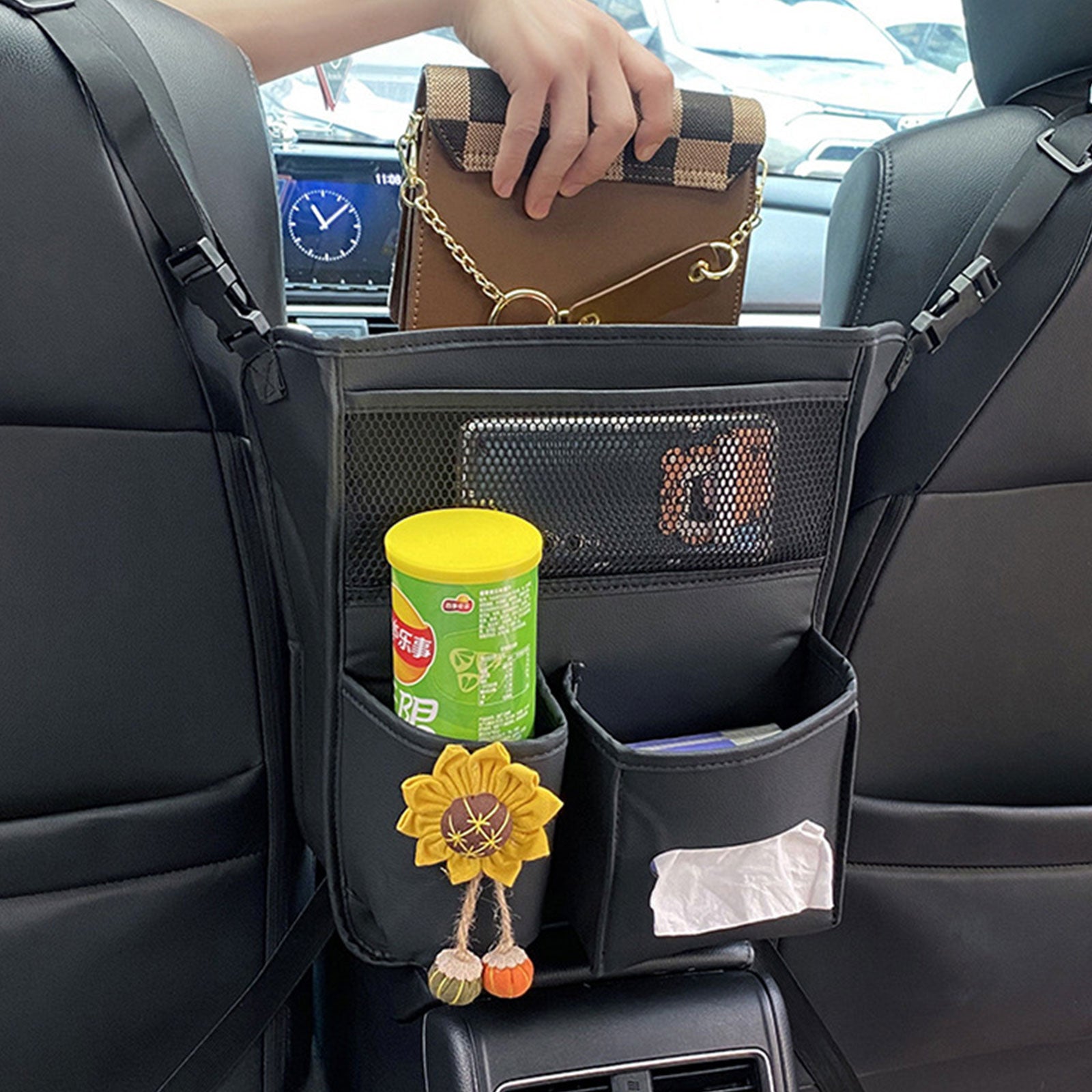 Leather Car Storage Bag - Interior Auto Seat Middle Box Organizer - Delicate Leather