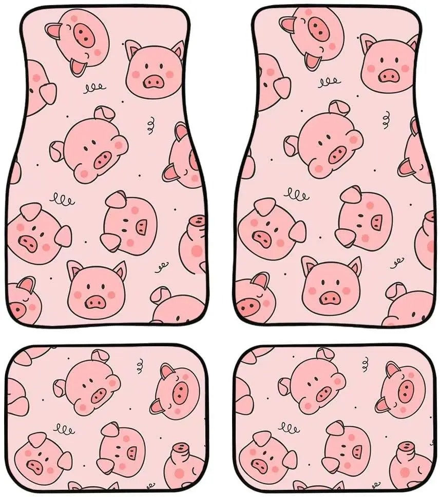 4-Piece Pink Pig Pattern Rubber Floor Mats – Waterproof Car & Truck Mat Set, Gift For Mother's Day 2025 - Delicate Leather