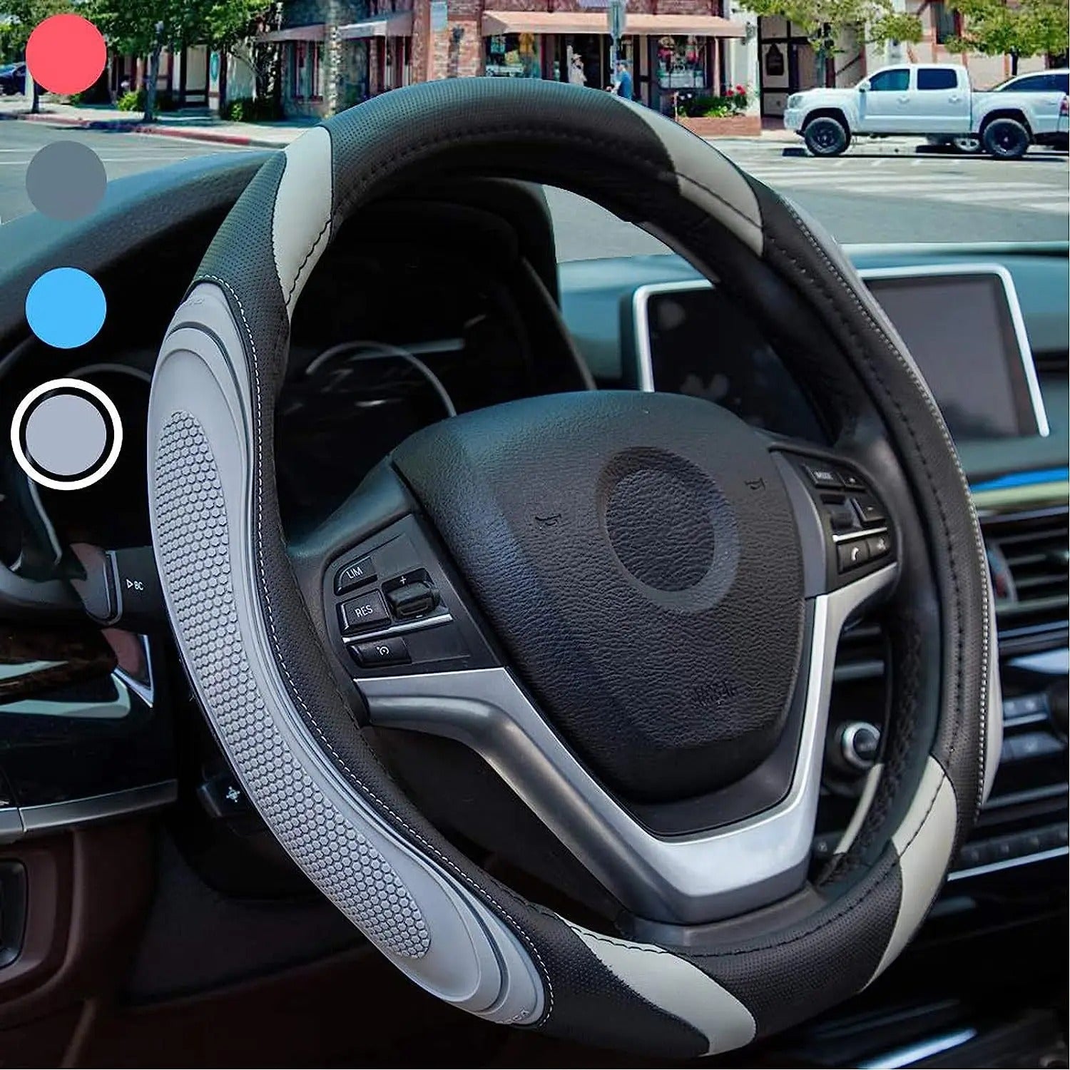 Spliced Leather Steering Wheel Cover – Concave-Convex Massage Design, Non-Slip Universal Fit 38 cm, All-Season Car Interior Accessory - Delicate Leather