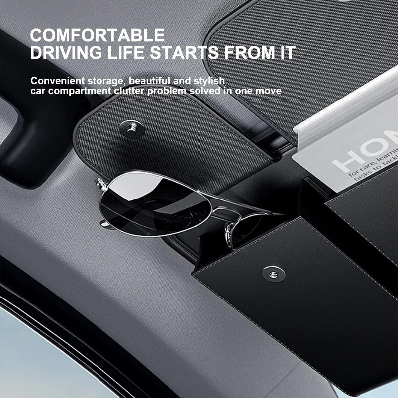 Luxury Car Sun Visor Organizer - Universal Visor Panel Storage Bag - PU Leather Multi-Pocket Auto Storage Pouch with Glasses Box - Delicate Leather