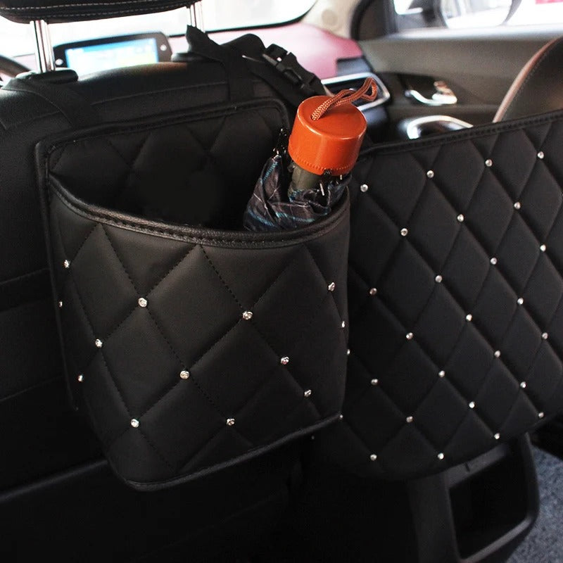 Crystal Rhinestone PU Leather Car Storage Bag – Stylish Backseat Organizer with Multi-Pockets