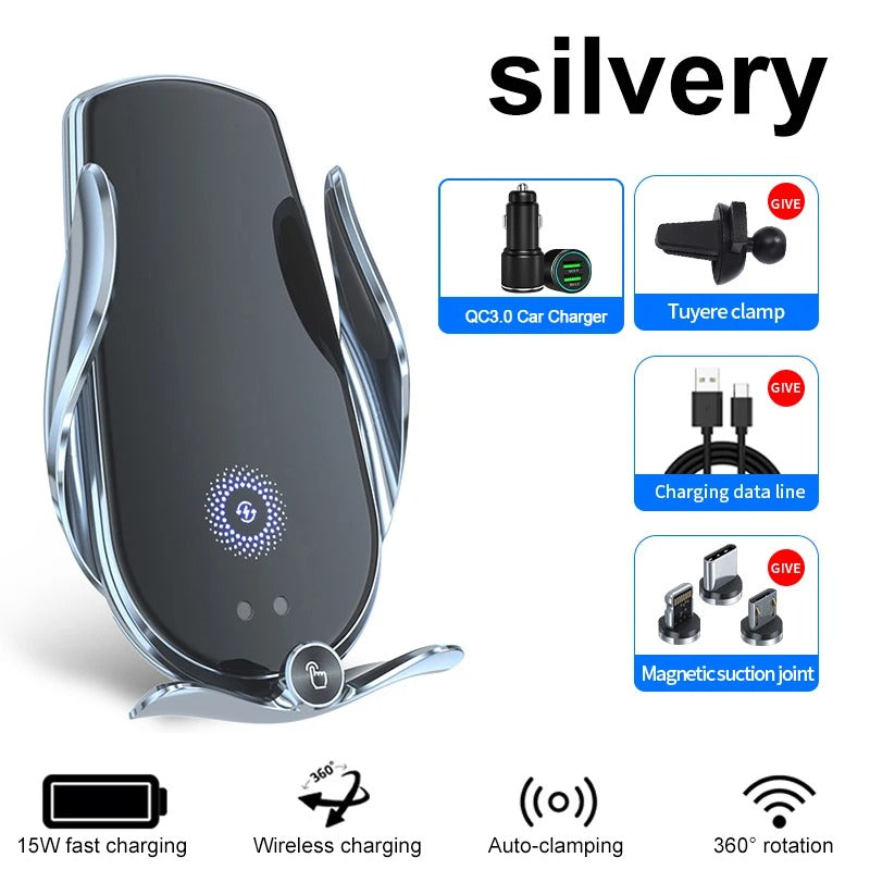 Universal Car Cell Phone Holder Bracket 15W Wireless Charging Handsfree Phone Holder for Dashboard, Windshield, Vent - Delicate Leather