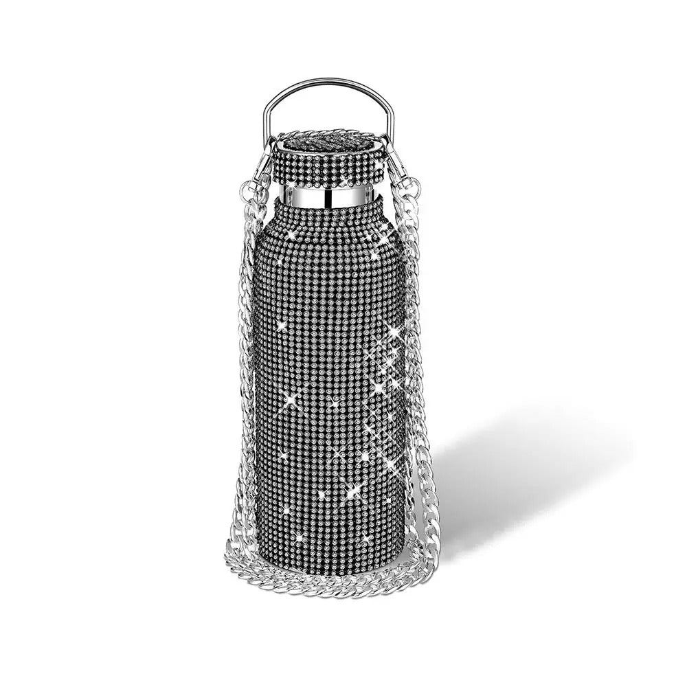 Bling Rhinestone Stainless Steel Water Bottle – Glitter Tumbler with Chain Strap & Thermal Insulation - Delicate Leather