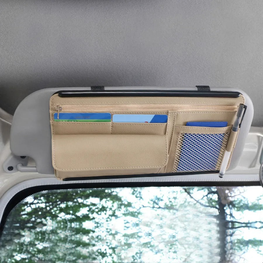 Car Sunshade Storage Bag Organizer - PU Leather Car Sun Visor Clip Stowing Box for Pen, Card, Ticket, and Sunglasses - Delicate Leather