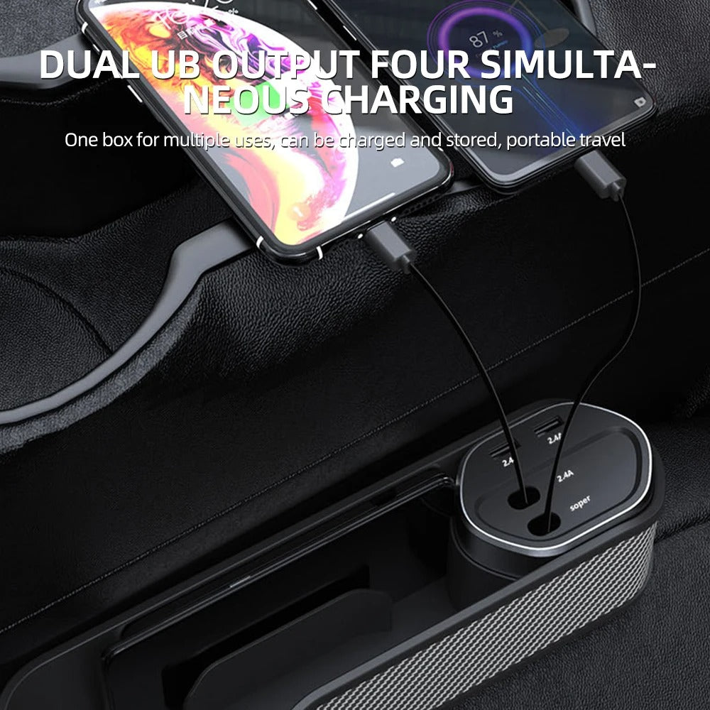 Car Seat Gap Filler Organizer with Cup Holder and Wireless Charging - Delicate Leather