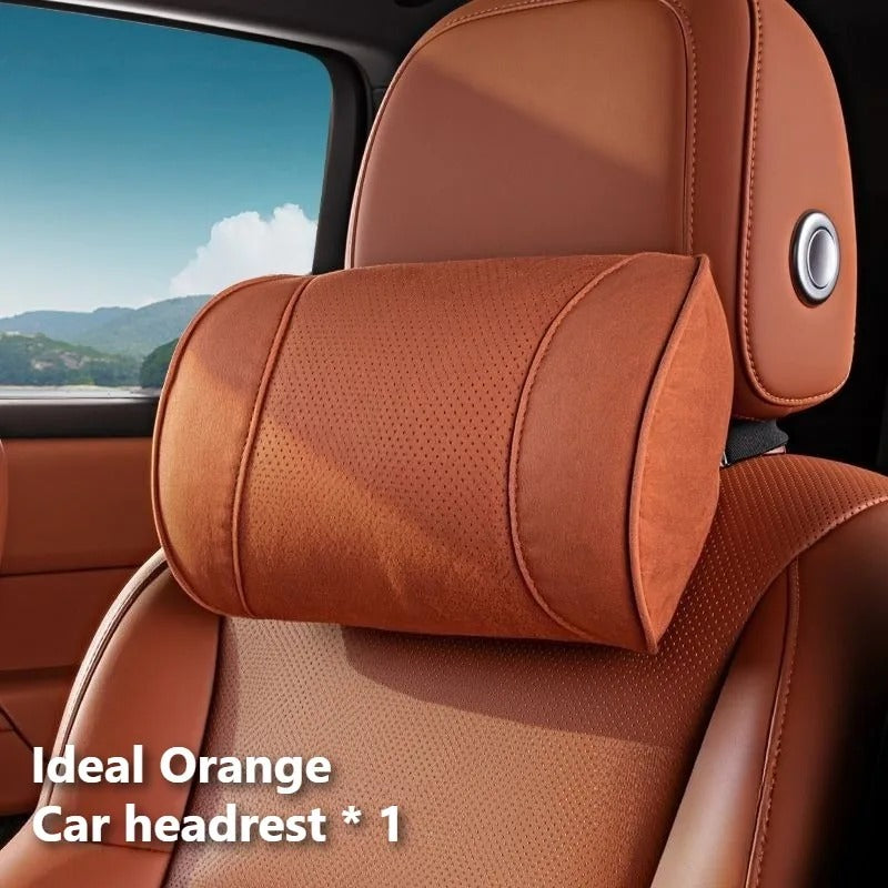 Premium Suede Car Neck & Lumbar Support Pillow Set – Universal Headrest and Waist Cushion for Cars, SUVs & Trucks - Delicate Leather