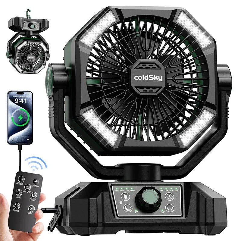 20000mAh Rechargeable Camping Fan with LED Light – 8-Speed Portable Desk Fan with Remote Control, USB Charging - Delicate Leather