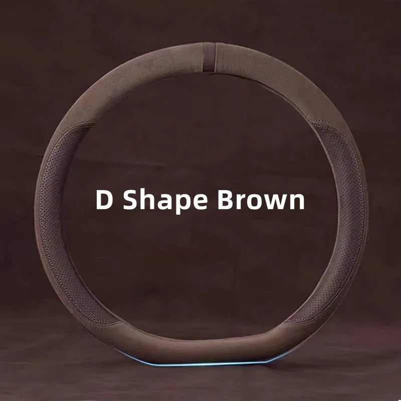 Universal Suede Steering Wheel Cover – Ultra-Thin Non-Slip D-Shape & Round Fit, Breathable All-Season Leather Protector 37–38cm - Delicate Leather